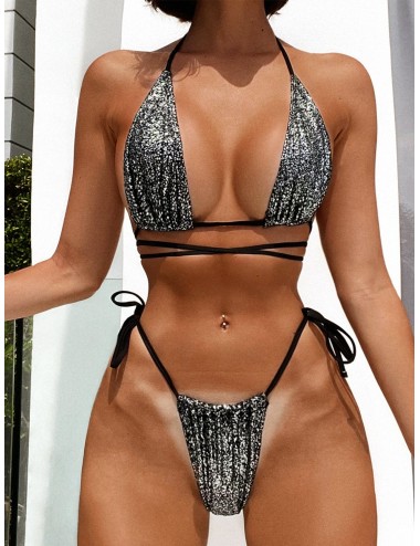 Bikini z wiązaniem z mocno wyciętymi majtkami z wysokim stanem