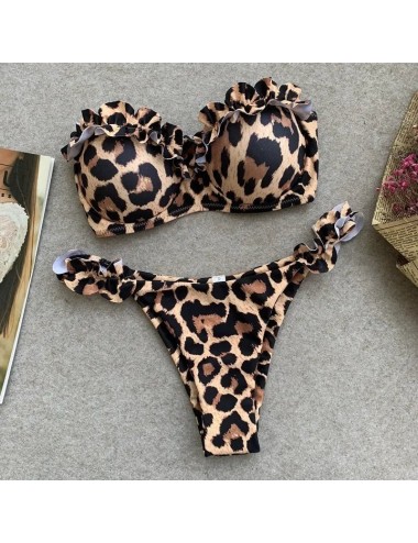 Dwuczęściowy strój kąpielowy bikini w panterkę z falbankami
