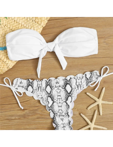 Dwuczęściowy strój kąpielowy bikini typu bandeau w wężowy wzór