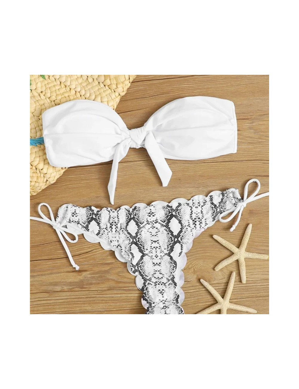 Dwuczęściowy strój kąpielowy bikini typu bandeau w wężowy wzór
