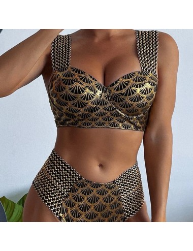 Metaliczny dwuczęściowy strój kąpielowy bikini z wysokim stanem